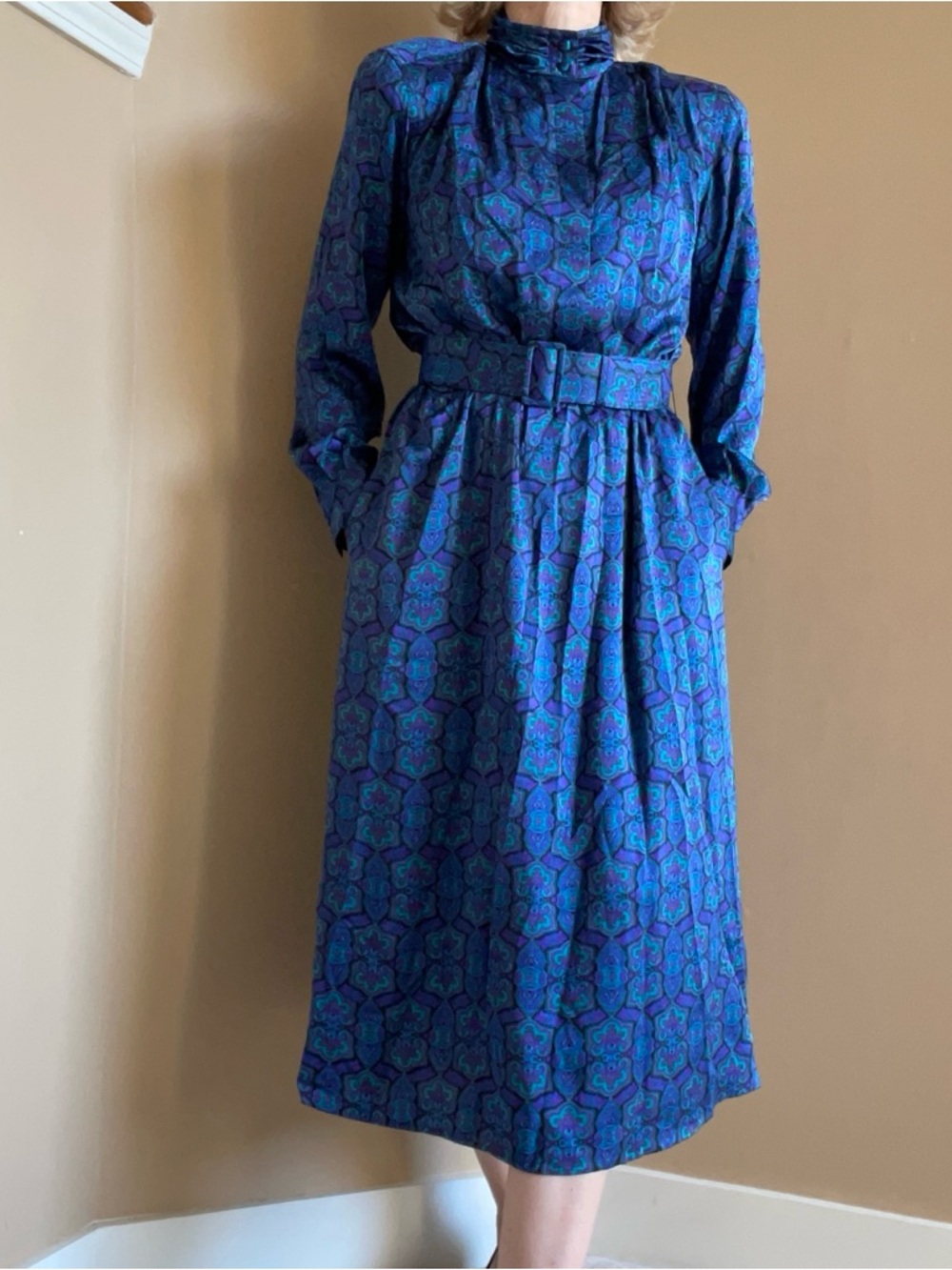 Talbots Purple and Teal Patterned Midi Dress with Belt